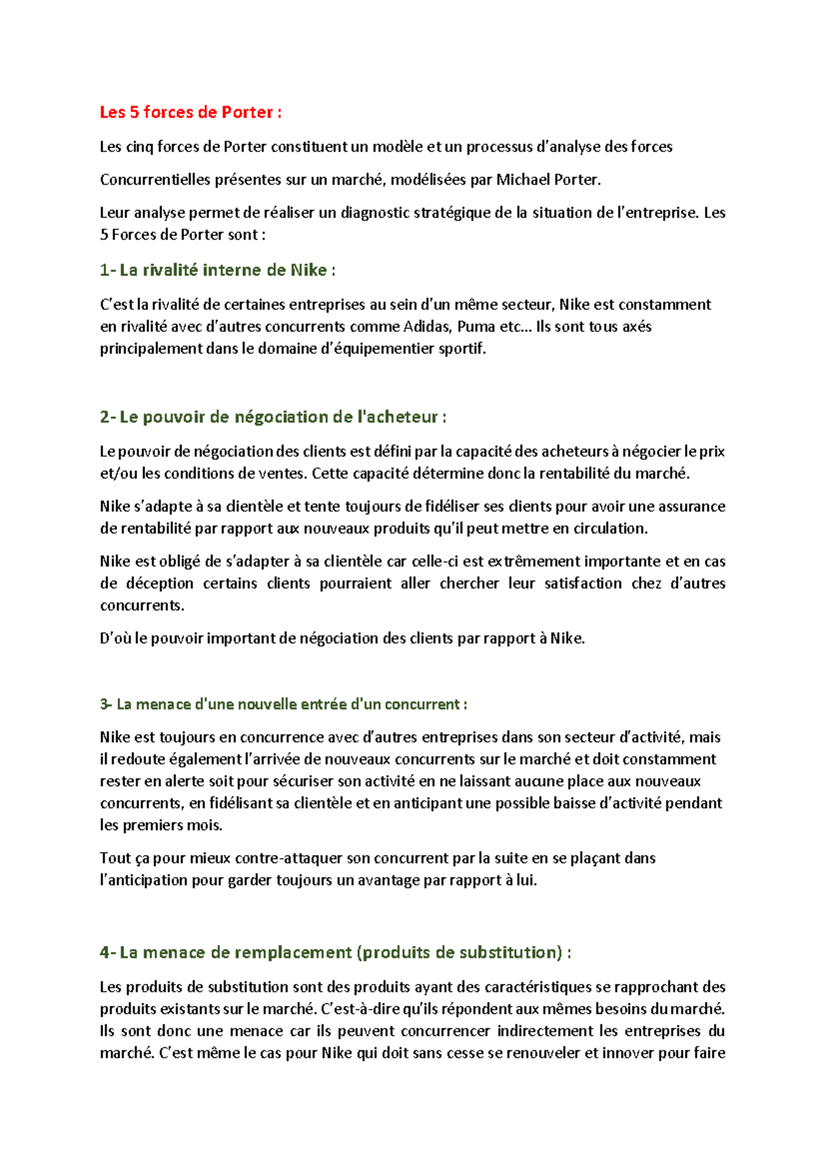 5 Forces de Porter : Exemple Nike